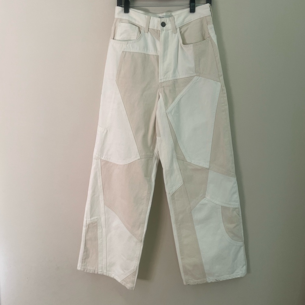 Zara woman’s Patchwork Wide-Leg Pants in Cream and White - Picture 4 of 12